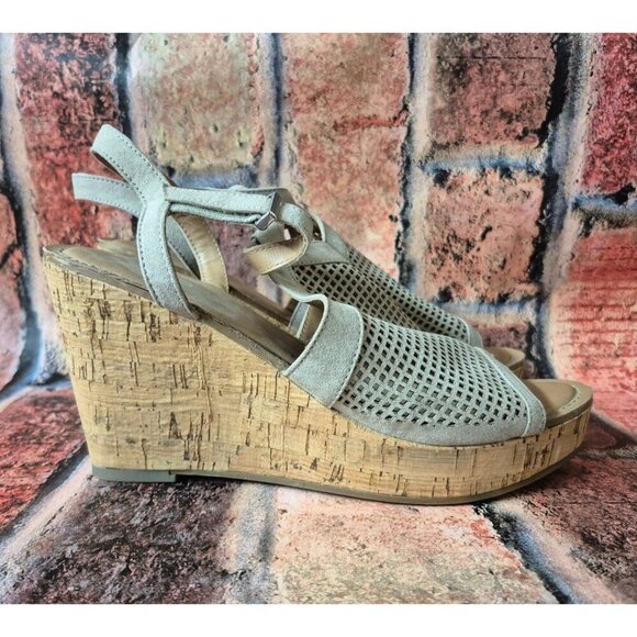 Franco Sarto Cork Platform Wedge Sling Back Sandal Taupe Size 10 Mesh Faux Suede - Picture 6 of 14
